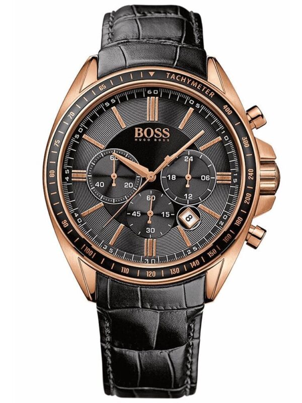 Montre Hugo Boss 1513092 vue de face avec cadran chronographe noir et détails or rose