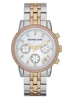 Montre Michael Kors MK5650 Ritz tricolore (acier, doré, or rose) avec cadran en nacre pour femme au Maroc.