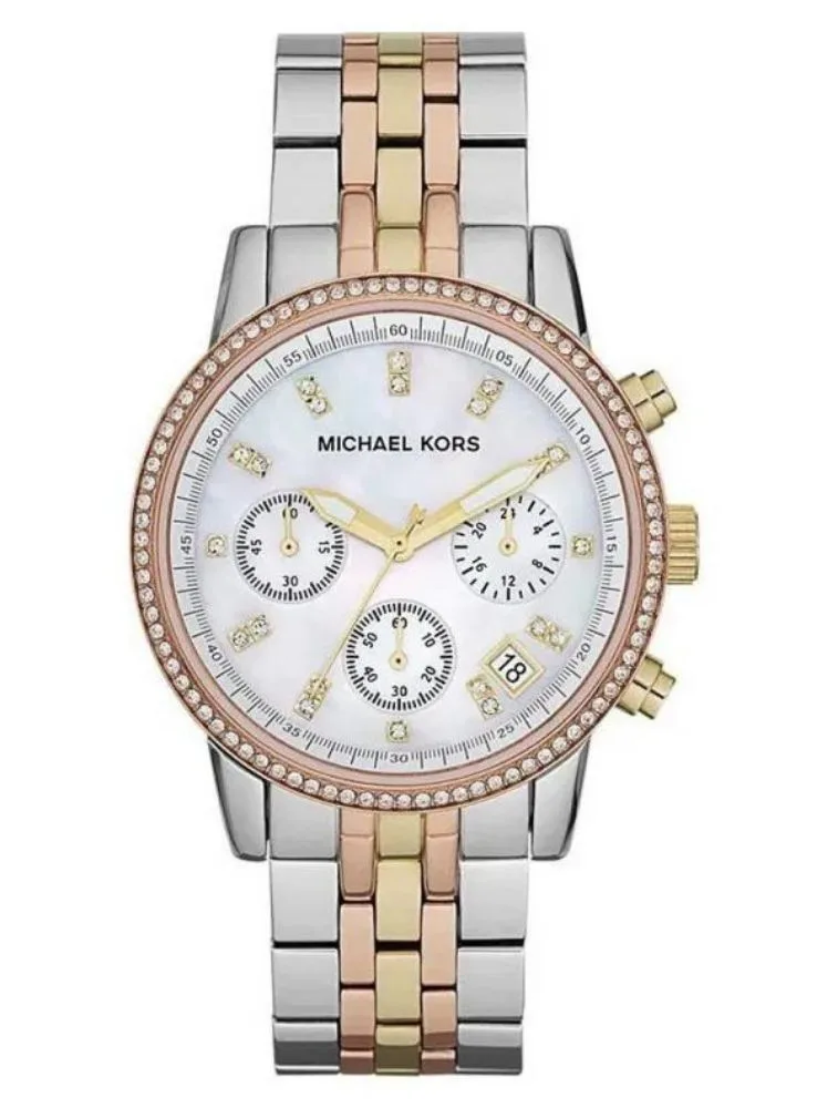Montre Femme Michael Kors Ritz MK5650 Tricolore Montre Michael Kors MK5650 Ritz tricolore (acier, doré, or rose) avec cadran en nacre pour femme au Maroc.