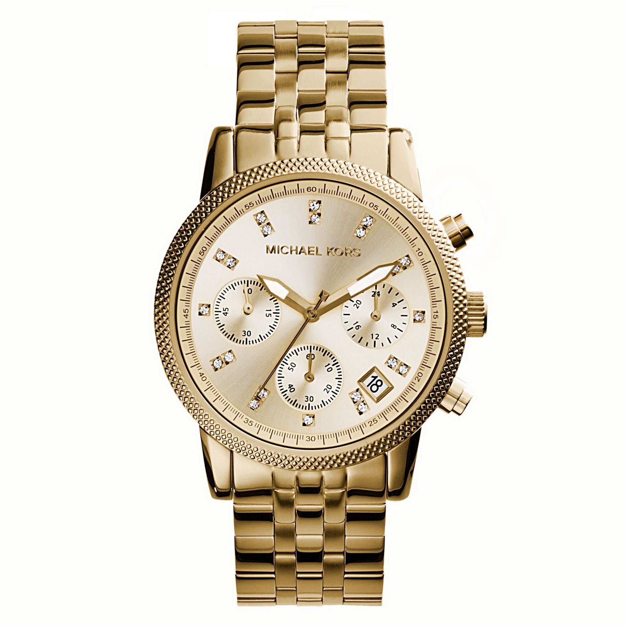 Montre Femme Michael Kors Ritz MK5676 Dorée Chronographe Montre Michael Kors MK5676 Ritz dorée chronographe avec index en cristal pour femme au Maroc.