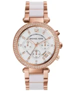 Montre Michael Kors MK5774 Maroc or rose et blanche avec lunette pavée de cristaux pour femme au Maroc.
