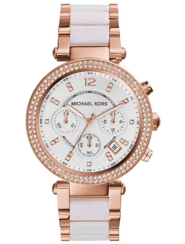 Montre Michael Kors MK5774 Maroc or rose et blanche avec lunette pavée de cristaux pour femme au Maroc.