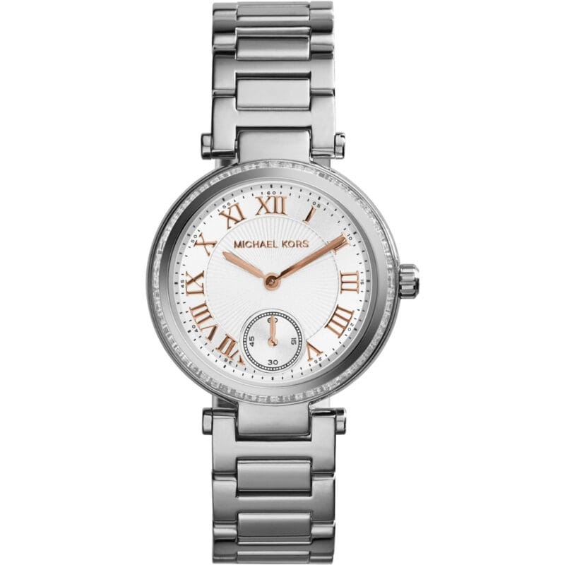 Montre Michael Kors MK5970 Skylar argentée avec détails en or rose pour femme au Maroc.