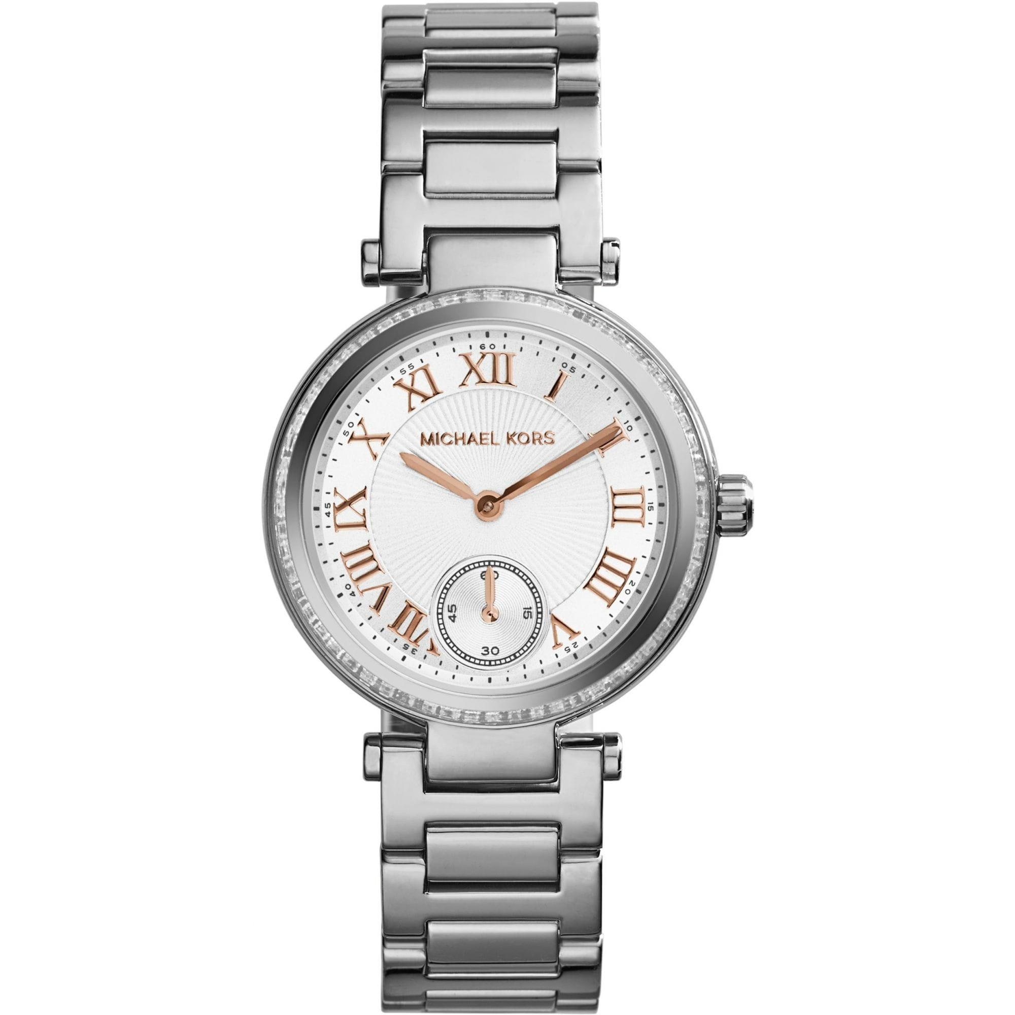Montre Femme Michael Kors Skylar MK5970 Argentée et Or Rose Montre Michael Kors MK5970 Skylar argentée avec détails en or rose pour femme au Maroc.