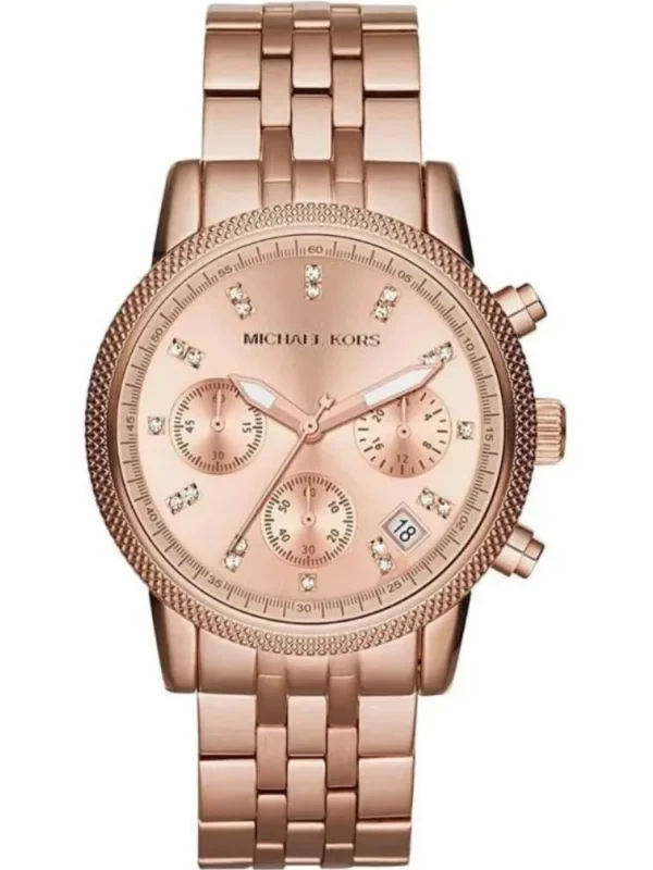 Montre Michael Kors MK6077 Ritz en or rose chronographe avec index en cristal pour femme au Maroc.
