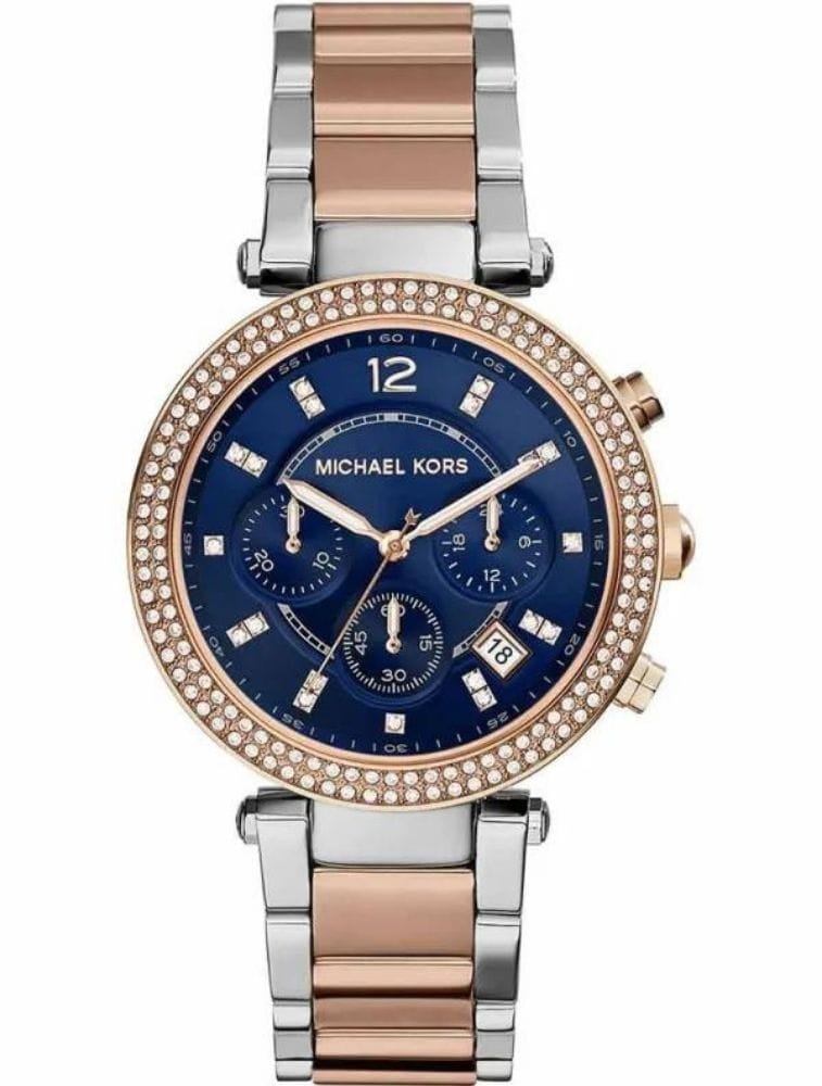 Montre Femme Michael Kors Parker MK6141 Bicolore Cadran Bleu Montre Michael Kors MK6141 bicolore acier et or rose avec cadran bleu pour femme au Maroc.