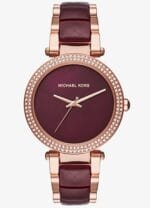 Montre Michael Kors MK6412 en or rose avec cadran et acétate couleur bordeaux pour femme au Maroc.