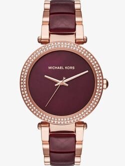 Montre Michael Kors MK6412 en or rose avec cadran et acétate couleur bordeaux pour femme au Maroc.