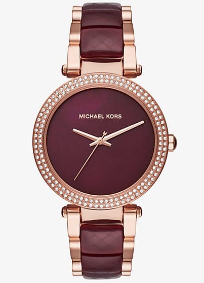 Montre Femme Michael Kors Parker MK6412 Or Rose et Bordeaux Montre Michael Kors MK6412 en or rose avec cadran et acétate couleur bordeaux pour femme au Maroc.