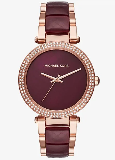 Montre Michael Kors MK6412 en or rose avec cadran et acétate couleur bordeaux pour femme au Maroc.