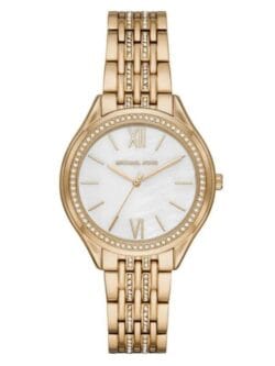 Montre Michael Kors MK7078 dorée avec cadran en nacre et bracelet pavé de cristaux pour femme au Maroc.