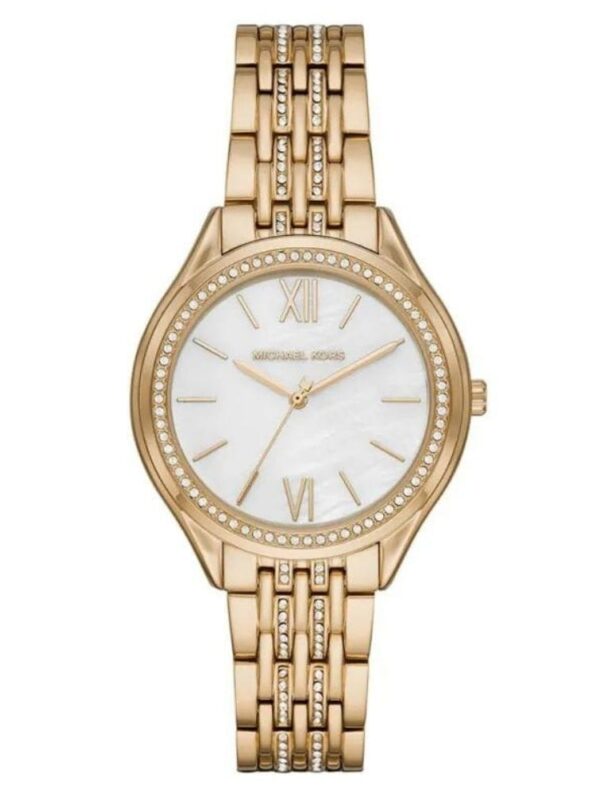Montre Michael Kors MK7078 dorée avec cadran en nacre et bracelet pavé de cristaux pour femme au Maroc.