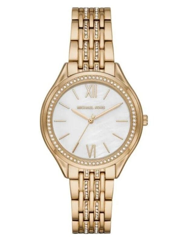 Montre Michael Kors MK7078 dorée avec cadran en nacre et bracelet pavé de cristaux pour femme au Maroc.