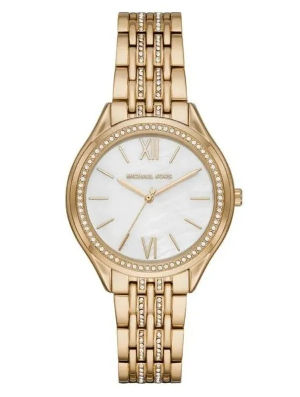 Montre Michael Kors MK7078 dorée avec cadran en nacre et bracelet pavé de cristaux pour femme au Maroc.