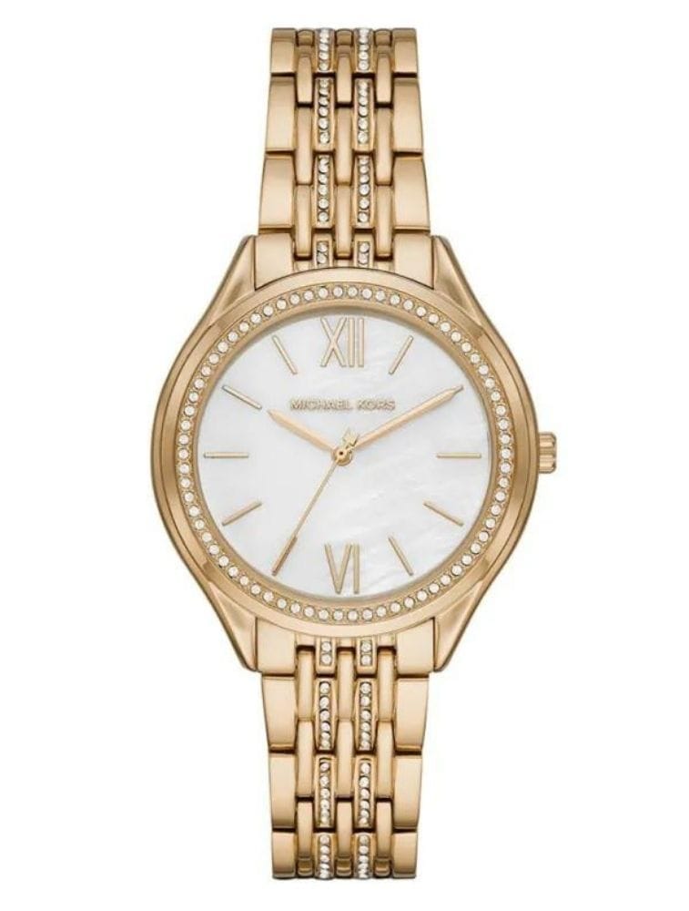 Montre Femme Michael Kors Mindy MK7078 Dorée Pavée Montre Michael Kors MK7078 dorée avec cadran en nacre et bracelet pavé de cristaux pour femme au Maroc.