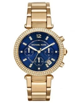 Montre Michael Kors Parker MK6262 dorée avec cadran bleu et cristaux pour femme au Maroc.