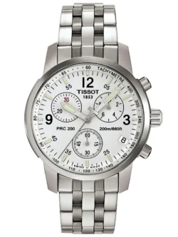 Montre Tissot T17.1.586.32 PRC 200 de face avec cadran blanc, tachymètre et bracelet en acier inoxydable