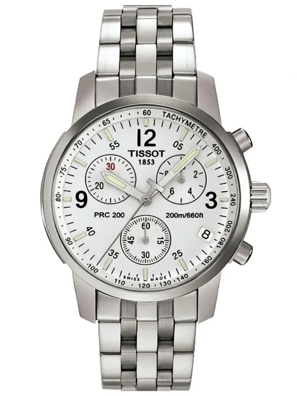 Montre Tissot T17.1.586.32 PRC 200 de face avec cadran blanc, tachymètre et bracelet en acier inoxydable