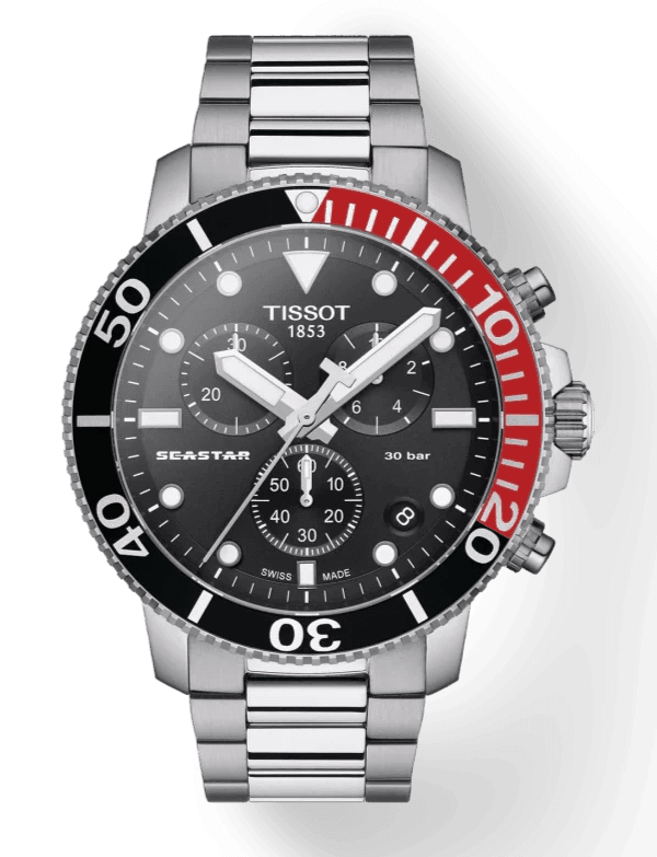 Montre Tissot Seastar 1000 Chronograph T1204171105101 cadran noir et lunette rouge/noir pour homme au Maroc.