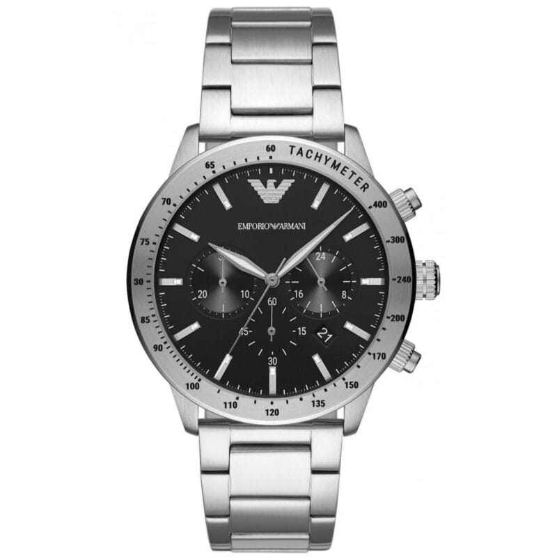 Montres pour femmes et hommes au Maroc Montre Emporio Armani AR11241 pour homme avec bracelet en acier inoxydable et cadran noir chronographe - Disponible au Maroc sur Planetawatches
