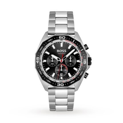 Montre Hugo Boss 1513971 pour homme, cadran noir et bracelet en acier argenté, modèle Energy chronographe