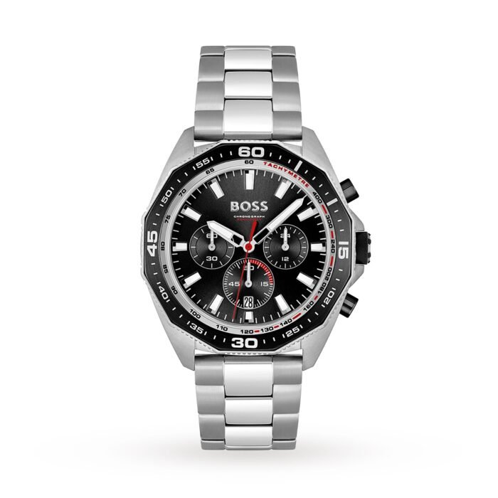 Montre Hugo Boss 1513971 pour homme, cadran noir et bracelet en acier argenté, modèle Energy chronographe
