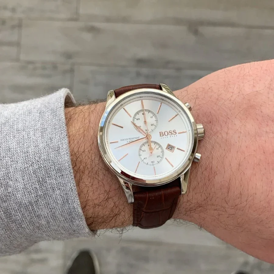 Montre Homme Hugo Boss Jet 1513280 avec cadran argenté et bracelet cuir marron foncé