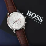 Montre Homme Hugo Boss Jet 1513280 avec cadran argenté et bracelet cuir marron foncé