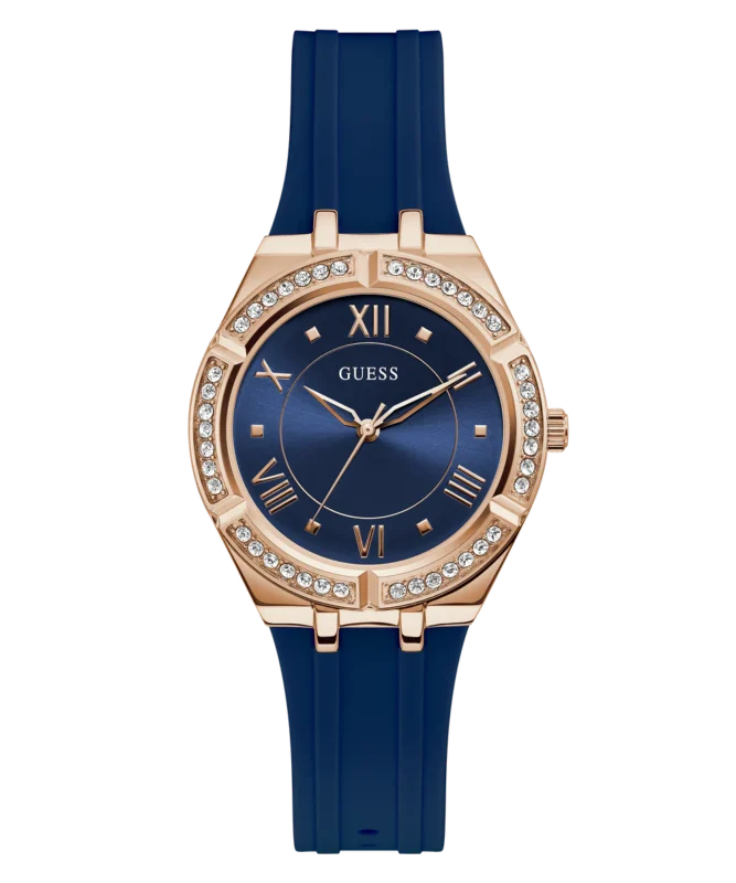 bracelet en silicone bleu et son boîtier rose, la GW0034L4