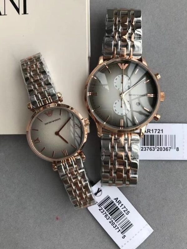 Coffret montre couple Armani Maroc : duo AR1721 et AR1725 bicolore or rose assorties.