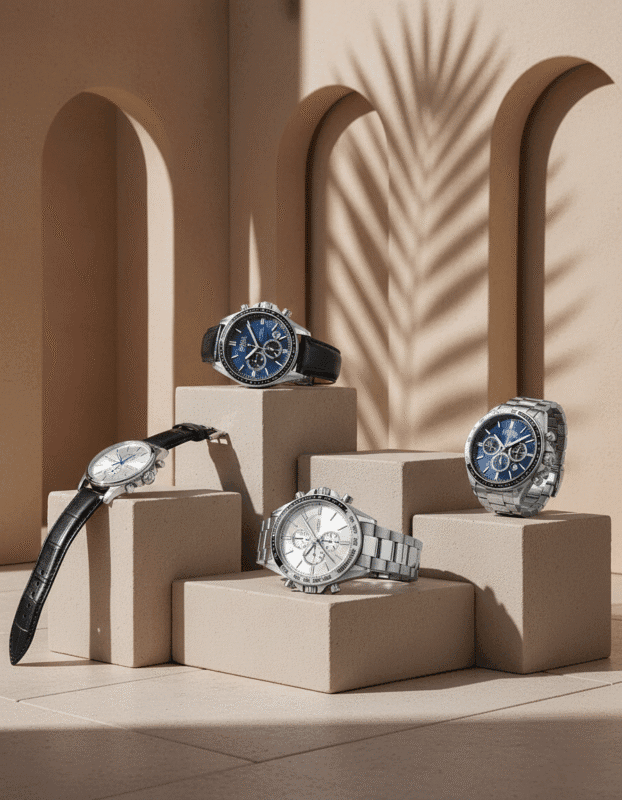 Montres Hugo Boss : Le guide complet du style et de l'élégance au Maroc Collection de montres Hugo Boss pour homme sur fond architectural moderne au Maroc.