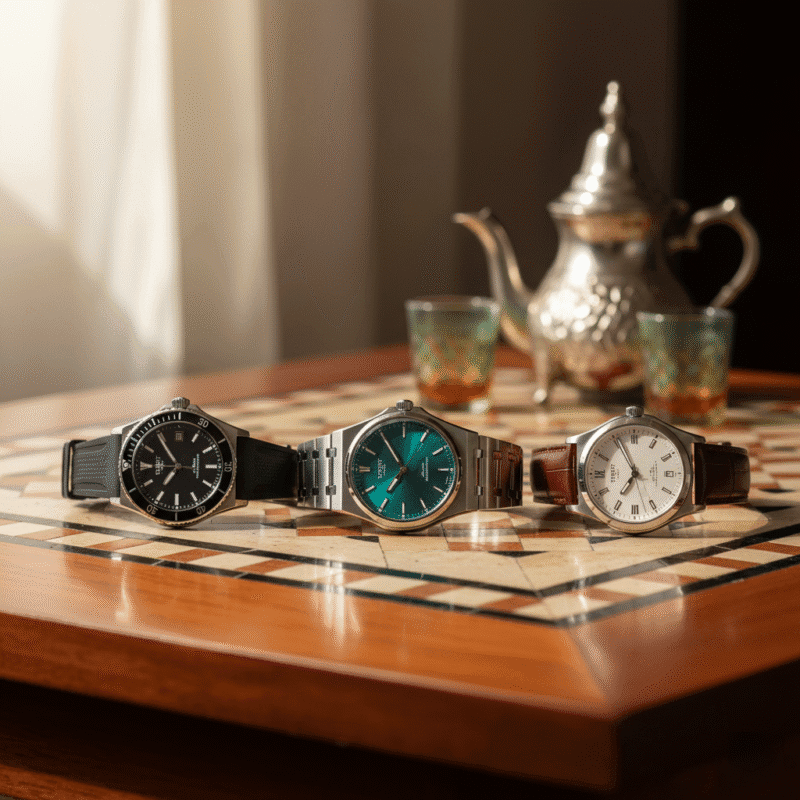 Collection de montres Tissot PRX verte, Seastar noire et T-Classic blanche pour homme au Maroc, posées sur une table en zellige.