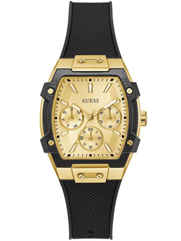 ontre Femme Guess GW0945L2 dorée avec bracelet silicone noir et boîtier rectangulaire en acier recyclé pour femme au Maroc.