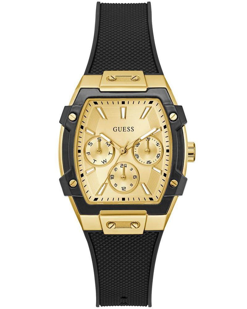 Montre Femme Guess GW0945L2 Dorée et Noire ontre Femme Guess GW0945L2 dorée avec bracelet silicone noir et boîtier rectangulaire en acier recyclé pour femme au Maroc.