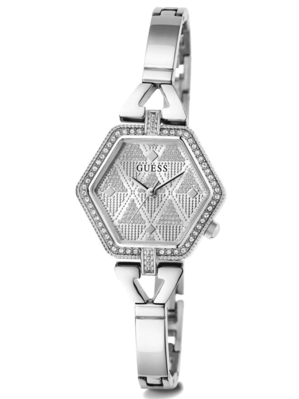 Détail de la montre femme cristaux argentée Guess GW0680L1 montrant le cadran au Maroc.