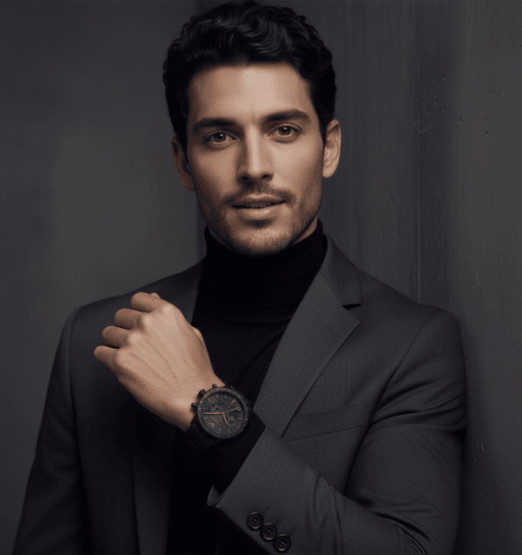 Homme Chic avec Montre Chronographe Noire Style Armani Homme d'affaires marocain en costume gris et col roulé noir portant une montre chronographe noire de style Emporio Armani.