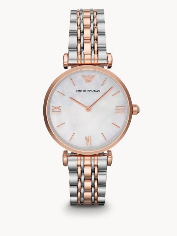 Montre Emporio Armani AR1683 Maroc femme bicolore or rose avec cadran nacre blanche.