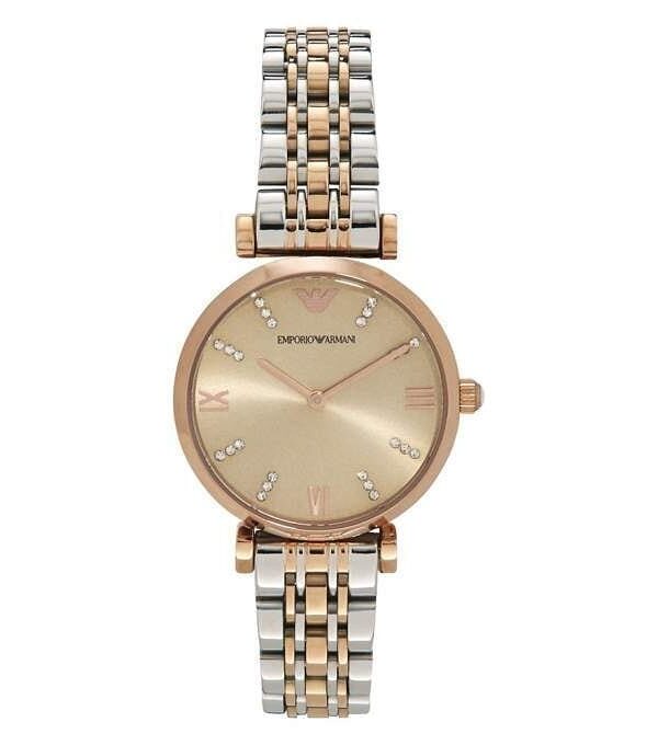 Montre Emporio Armani AR1840 Maroc femme bicolore or rose avec index cristaux.