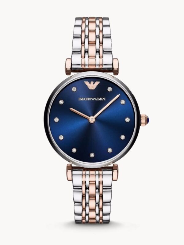 Montre femme bleu marine Maroc Emporio Armani AR11092 bicolore or rose avec index cristaux.