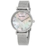 Montre femme bracelet milanais Emporio Armani AR1955 argentée avec cadran nacre pour femme au Maroc.