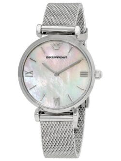 Montre femme bracelet milanais Emporio Armani AR1955 argentée avec cadran nacre pour femme au Maroc.
