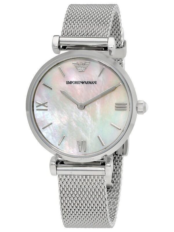 Montre femme bracelet milanais Emporio Armani AR1955 argentée avec cadran nacre pour femme au Maroc.