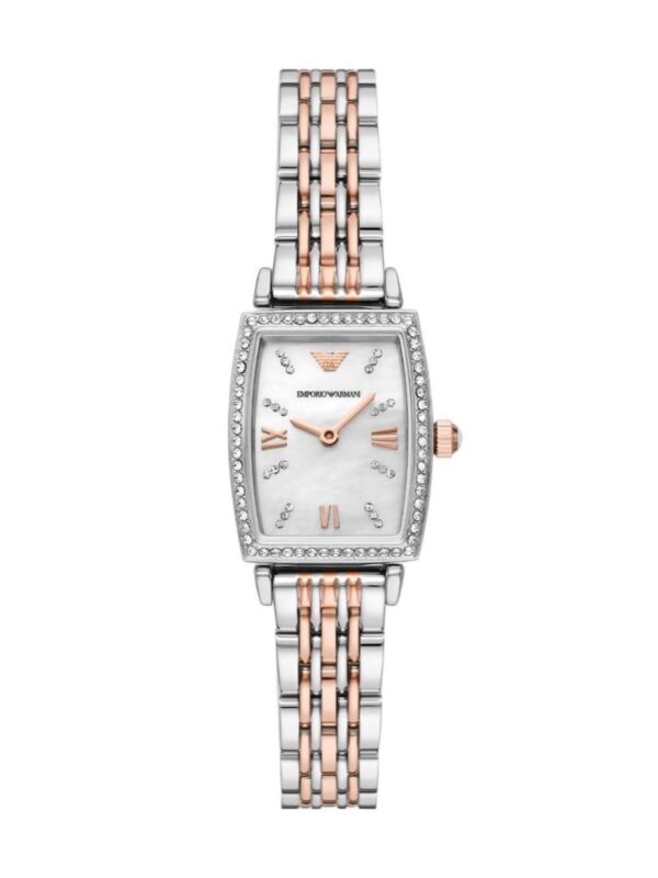 Montre femme cristaux rectangulaire Emporio Armani AR11519 bicolore (or rose/argent) pour femme au Maroc.