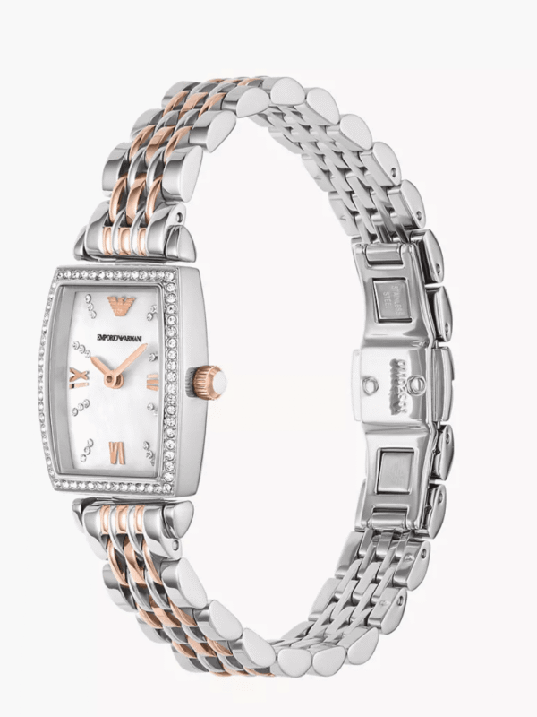 Montre femme cristaux rectangulaire Emporio Armani AR11519 bicolore (or rose/argent) pour femme au Maroc.