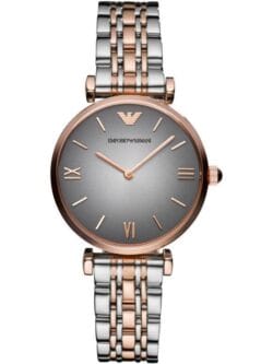 Montre femme Armani grise Emporio Armani AR1725 bicolore (or rose/argenté) avec cadran soleillé pour femme au Maroc.