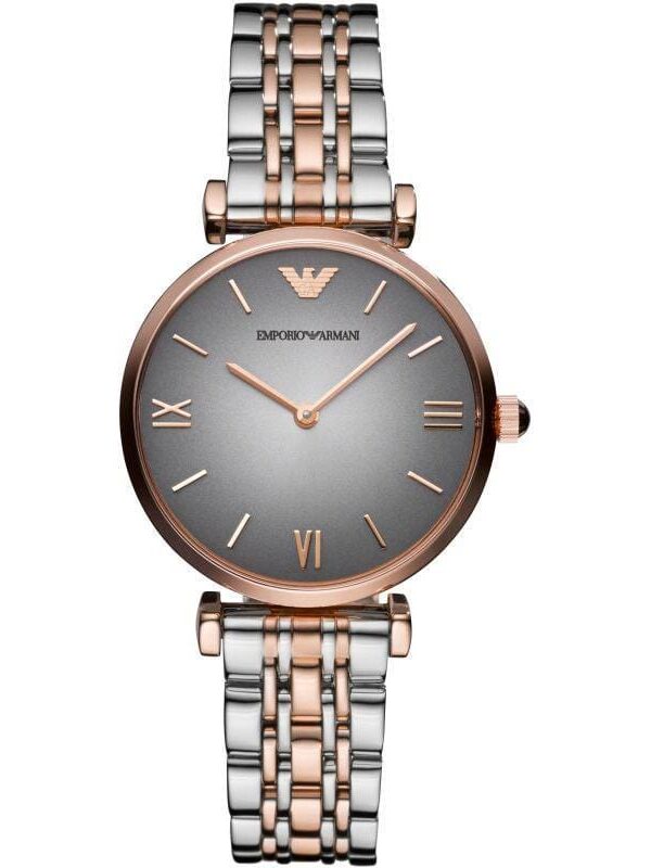 Montre femme Armani grise Emporio Armani AR1725 bicolore (or rose/argenté) avec cadran soleillé pour femme au Maroc.