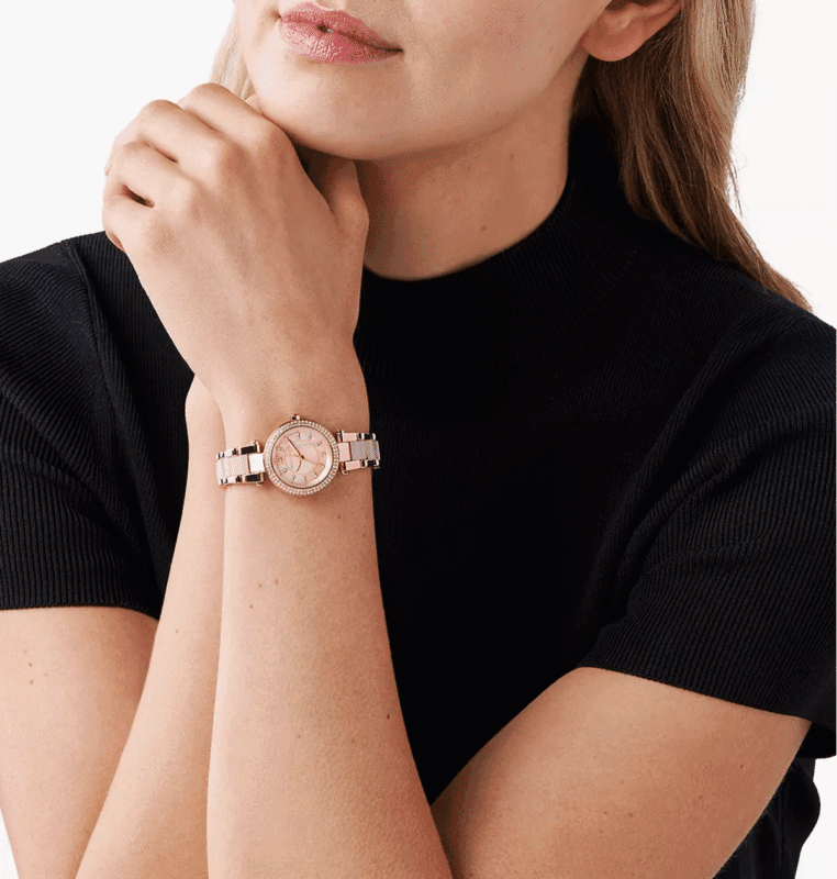 Montre femme or rose et acétate rose Michael Kors Mini Parker MK6922, pour poignet fin au Maroc.