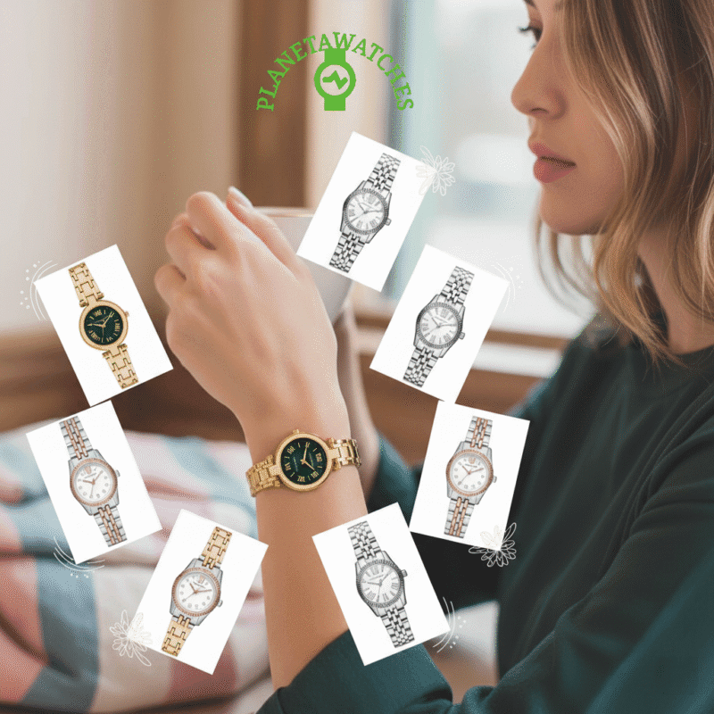 Illustration du guide pour choisir une montre femme petit poignet au Maroc, présentant plusieurs styles de petites montres.