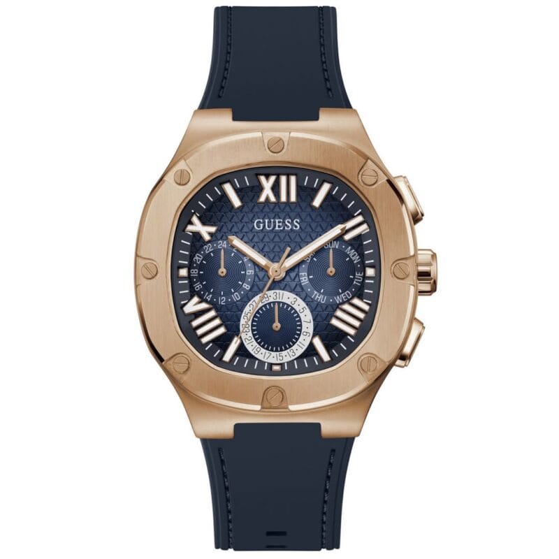 Montre Guess GW0571G2 Headline en or rose avec bracelet silicone bleu pour homme au Maroc.