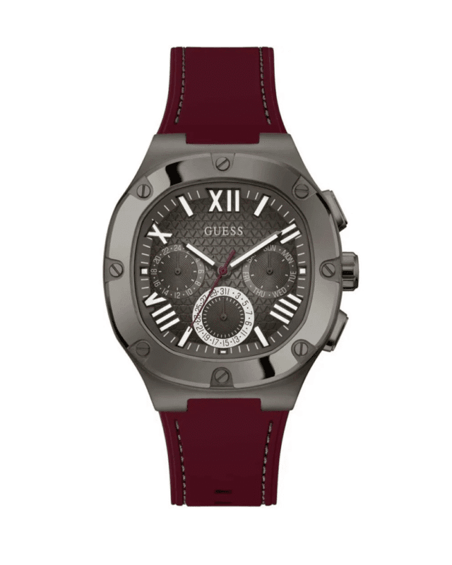 Montre Guess GW0571G4 grise avec bracelet en silicone bordeaux pour homme au Maroc.